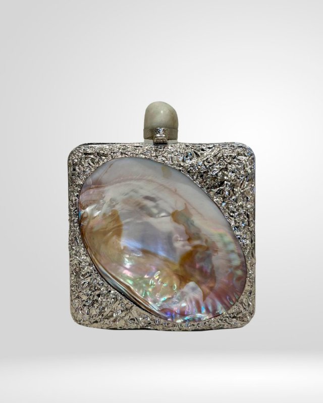 SILVER MOTHER OF PEARL EMBELLISHED CLUTCH BAG