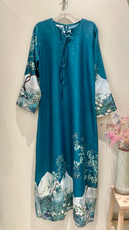PRINTED BLUE GREEN LINEN LONGSLEEVE DRESS
