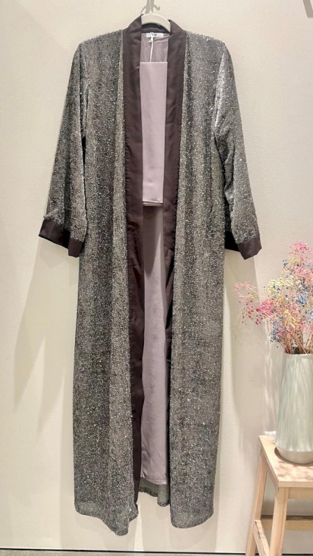 BEADED GREY ABAYA WITH LIGHT GREY SHAILA