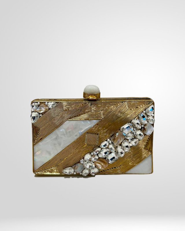 GOLD MOTHER OF PEARL EMBELLISHED CLUTCH BAG