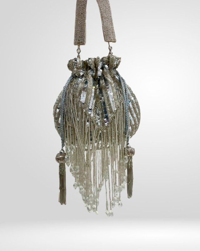 THE TAN CLAN TWINKLE HEAVY TASSLES POTLI WITH HANDLE - SILVER