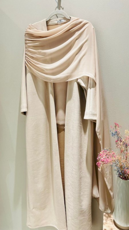 BEIGE CREPE SHAWL ABAYA WITH SHAILA
