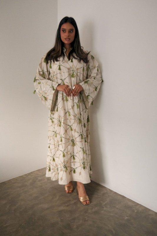 GREEN AND WHITE FRINGE JALABIYA - NEWBURY