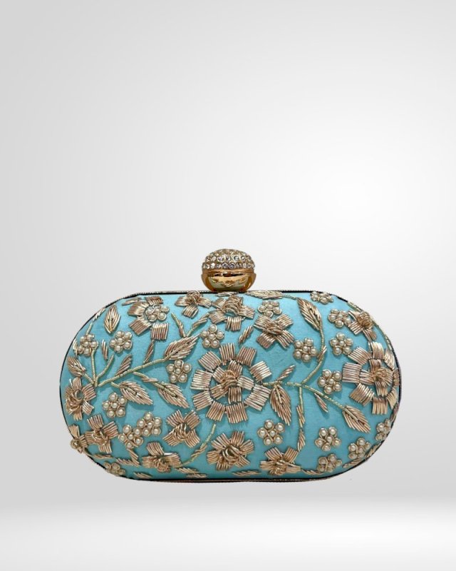 BLUE ZARDOZI OVAL CLUTCH BAG