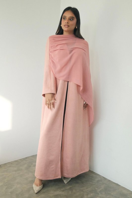 PINK CREPE SHAWL ABAYA WITH SHAILA