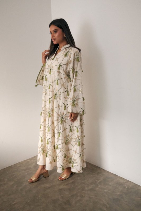 GREEN AND WHITE FRINGE JALABIYA - NEWBURY