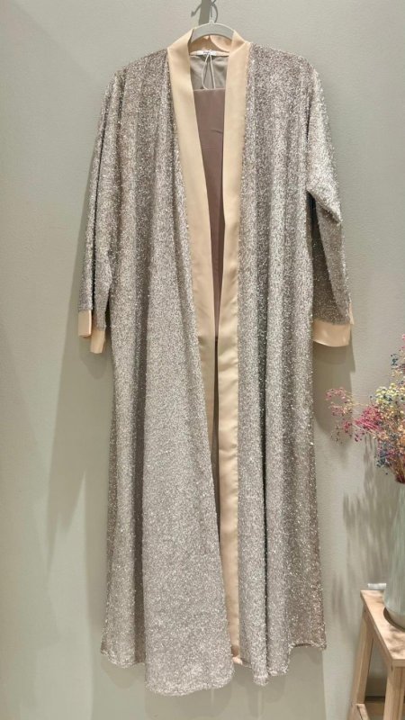 BEADED BEIGE ABAYA WITH LIGHT GREY SHAILA