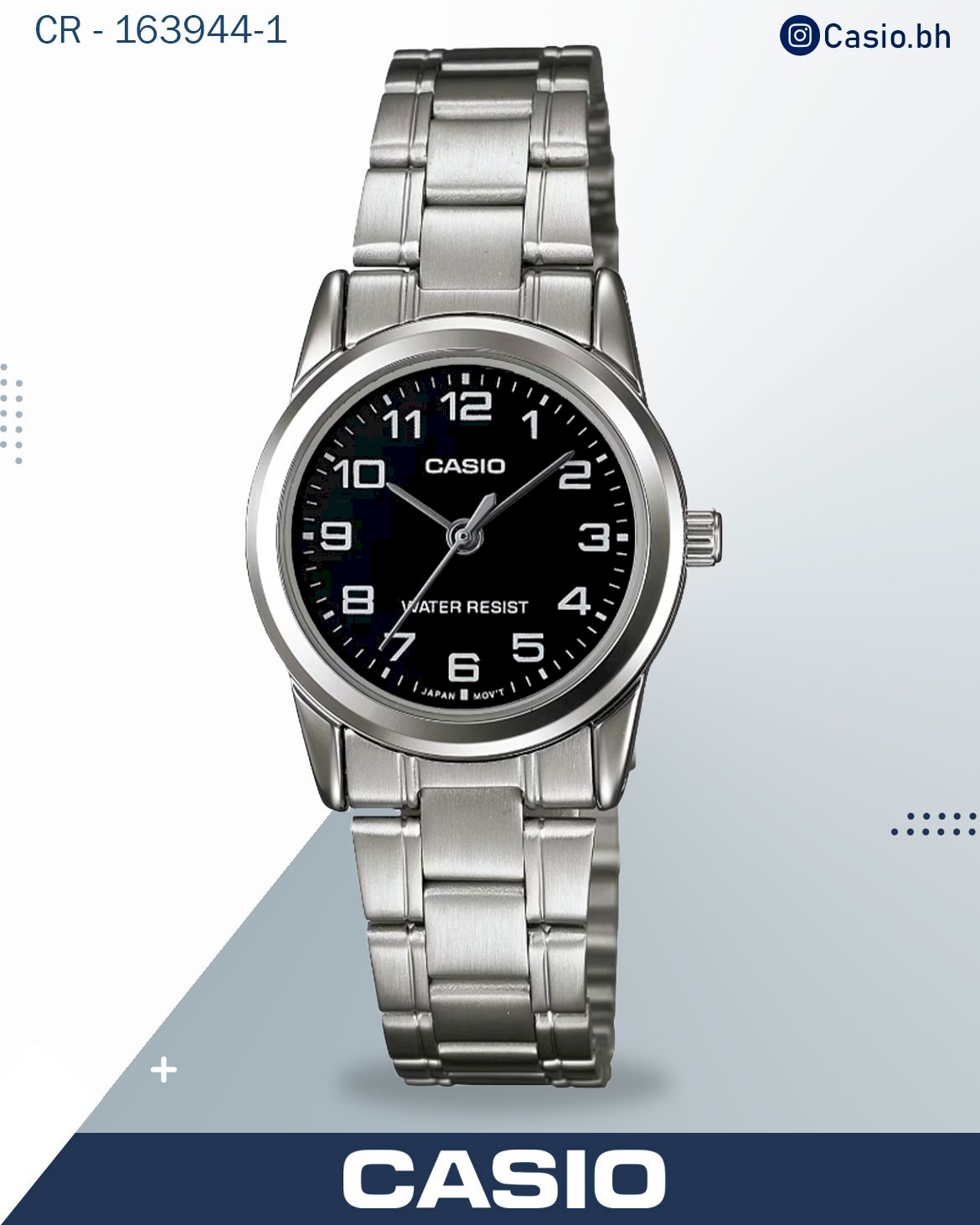 Casio Women's Watch Analog, Silver and Black Dial Silver Stainless Steel Strap, LTP-V001D-7BUDF