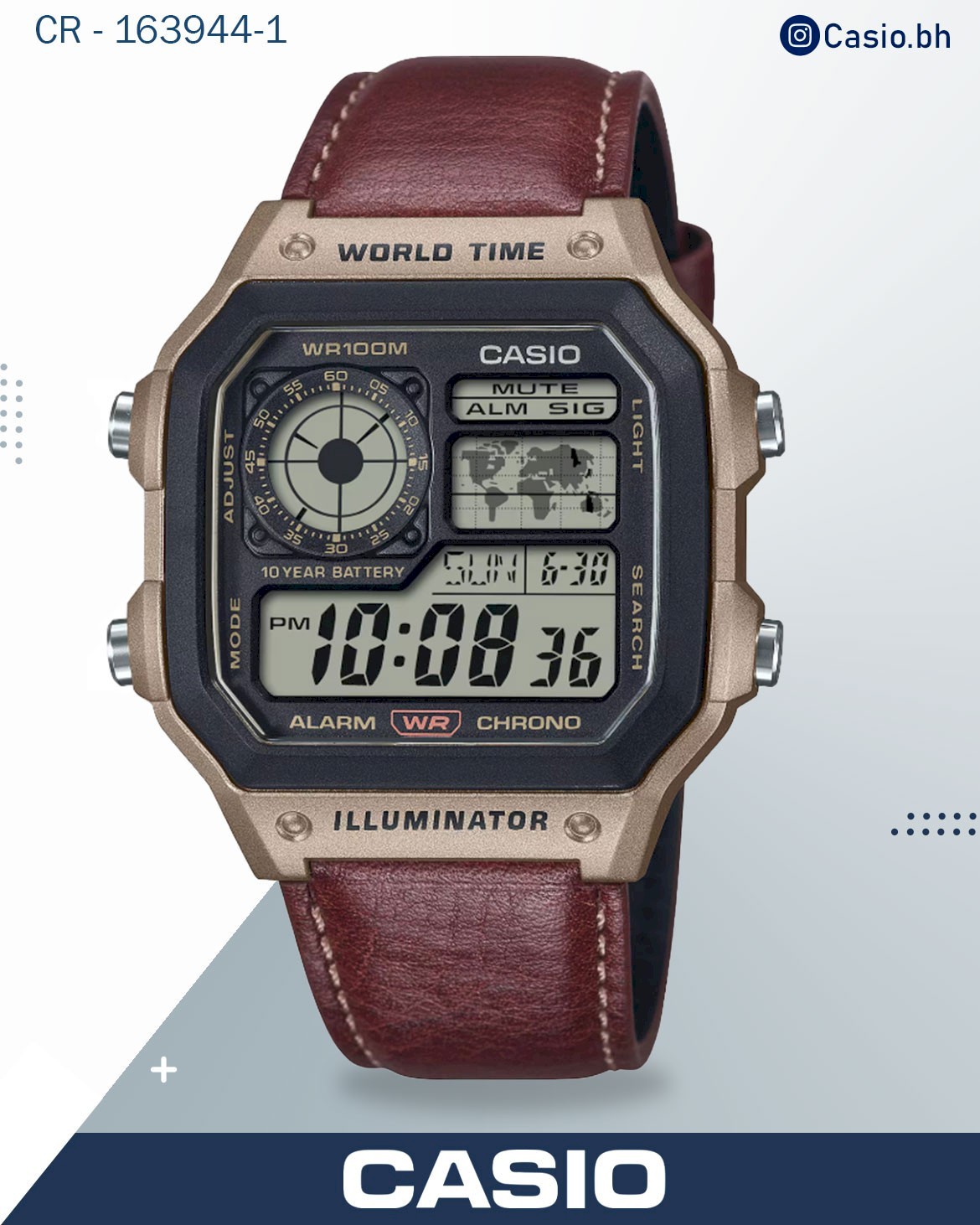 Casio Men's Watch Analog Digital Dial with Brown Leather Strap, AE-1200WHL-5AVDF