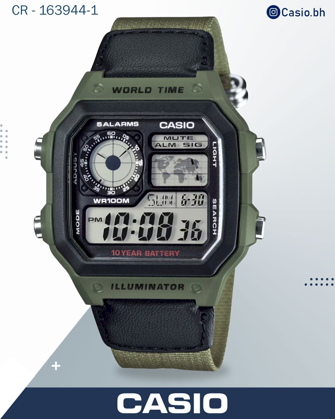 Casio Men's Watch Digital, Green Dial Green Fabric Strap, AE-1200WHB-3BVD