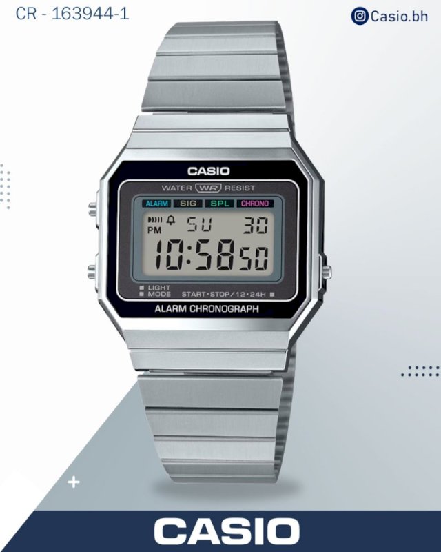 Casio Men's Watch Vintage  Digital, Black Dial Silver Stainless Steel Strap, A700W-1ADF