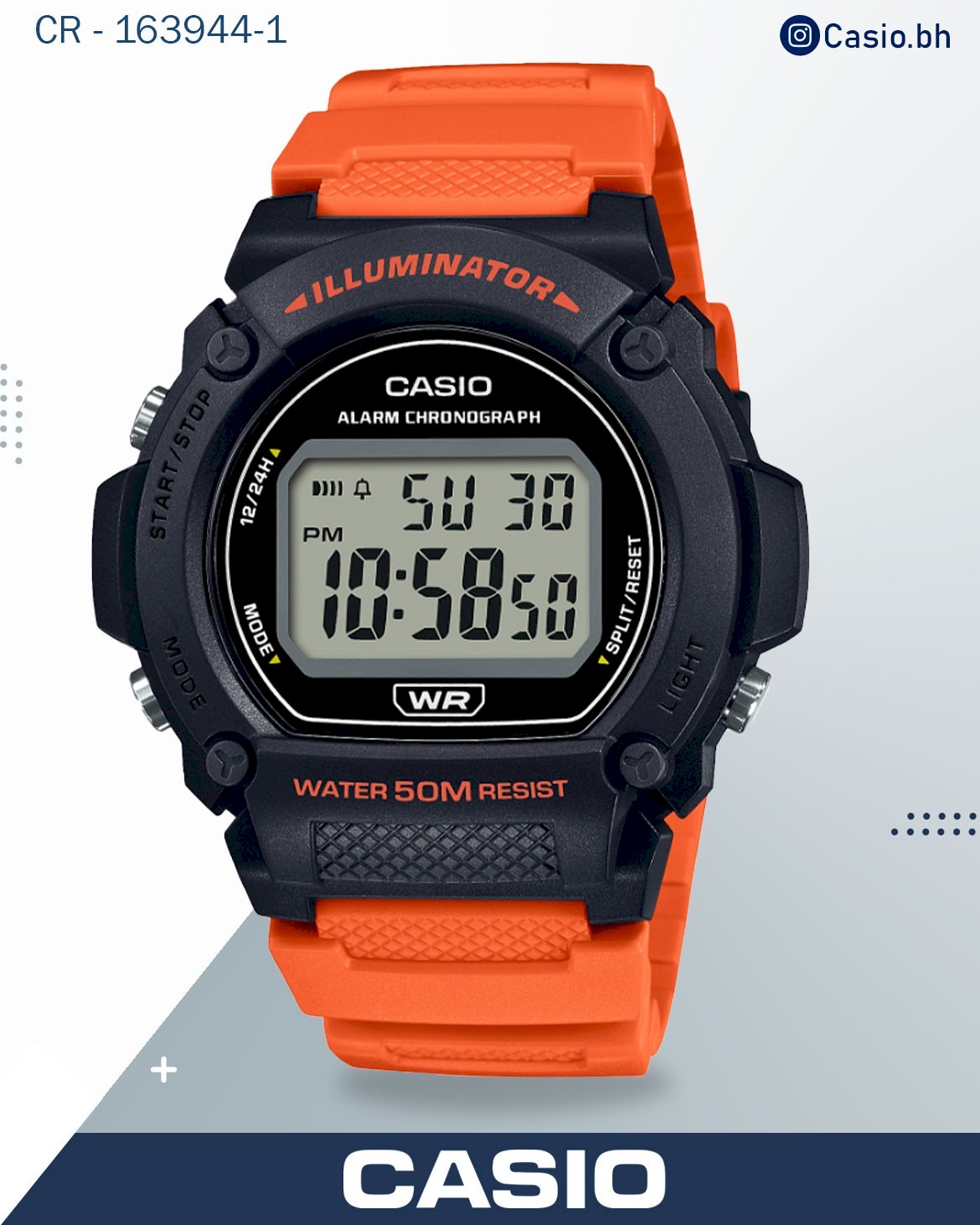 Casio Men's Watch Digital, Black Dial Orange Resin Strap, W-219H-4AVDF