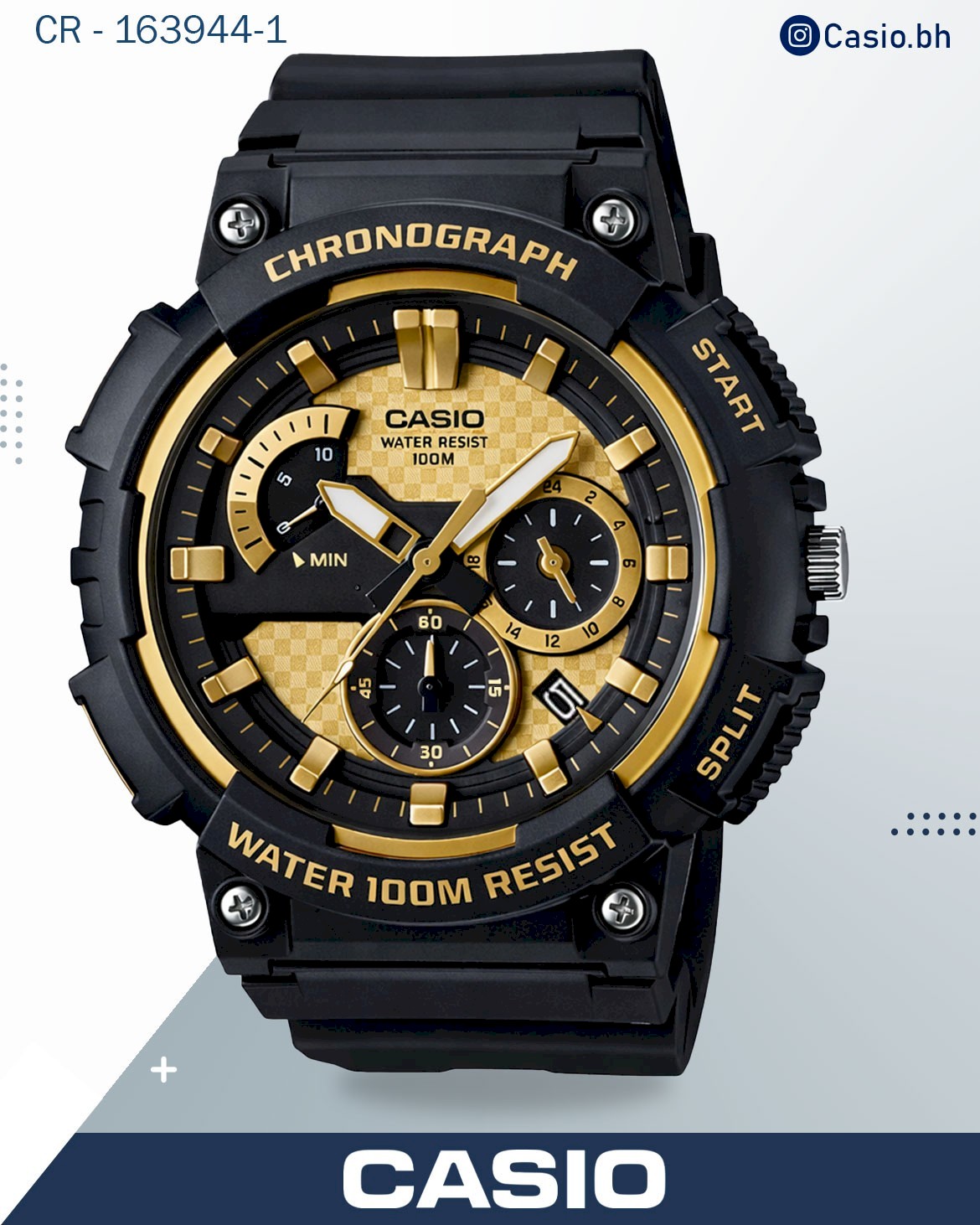 Casio, Men's Chronograph Watch Analog, Gold Dial Black Resin Band, MCW-200H-9AVDF