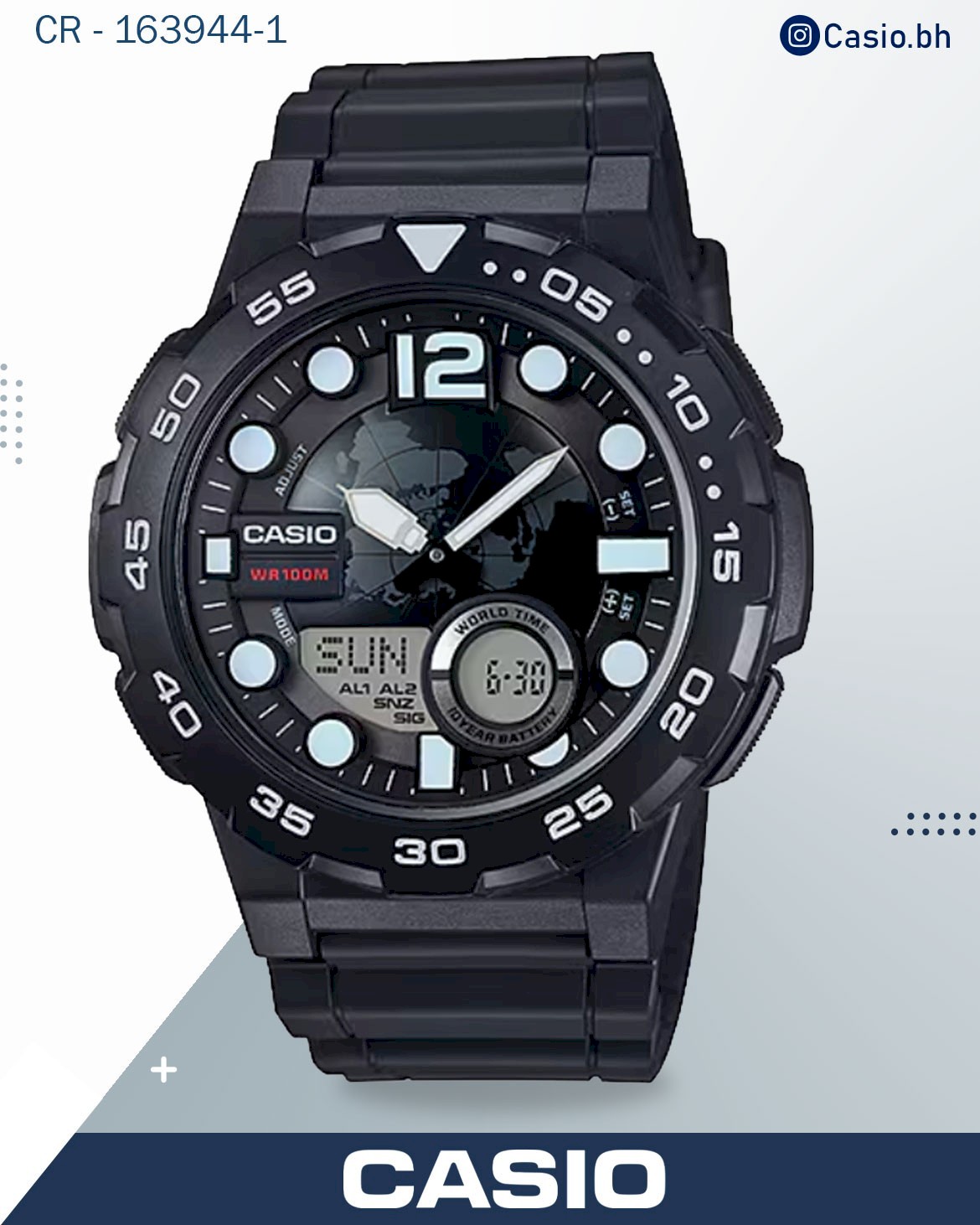 Casio Men's Watch Analog & Digital Combo, Black Dial Black Resin Strap, AEQ-100W-1AVDF