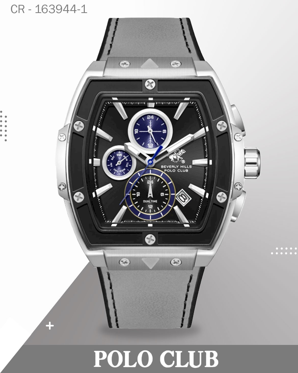 Polo Club Men's Analog Watch, Black Dial Multi-Function With Grey Leather Strap, BP3841X.366