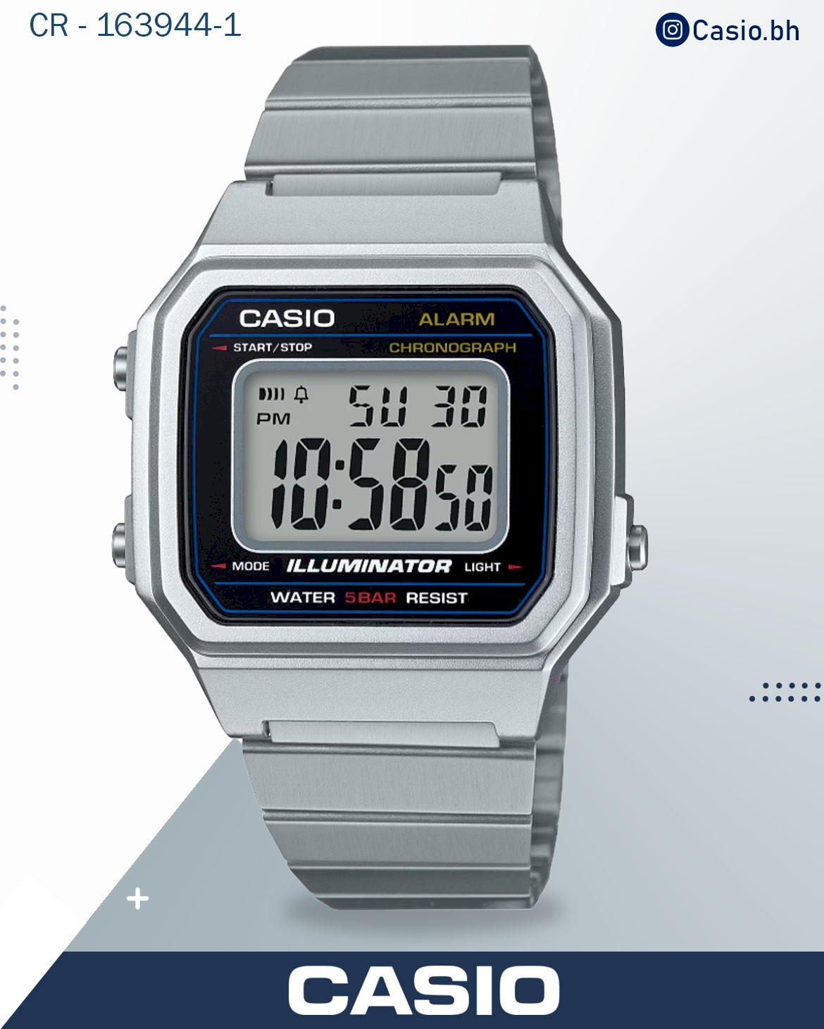 Casio Men's Watch Vintage Collection Digital, Black Dial Grey Stainless Steel Strap, B650WD-1ADF