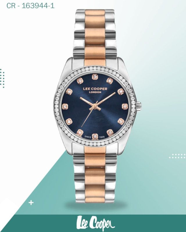 Lee Cooper Women's Analog Watch Dark Blue Dial With Two Toned Rose Gold Metal Band,LC07478.590
