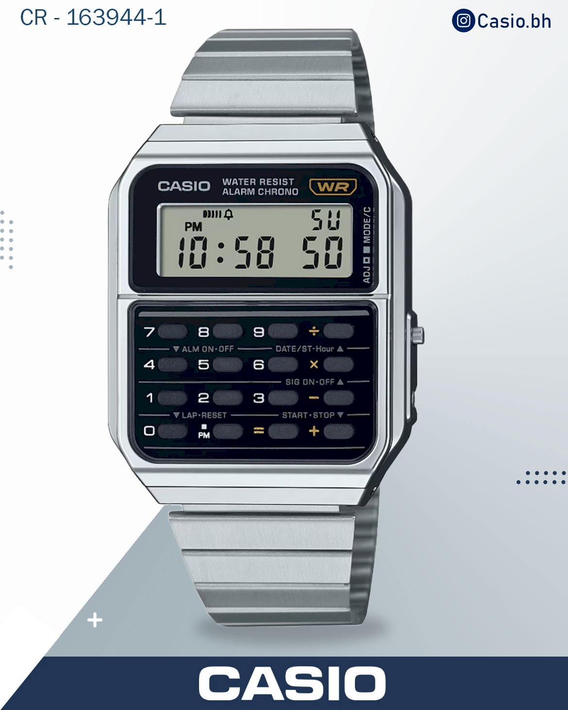 Casio Vintage Unisex Watch Digital Red Dial With Silver Stainless Steel Band, CA-500WE-4BDF