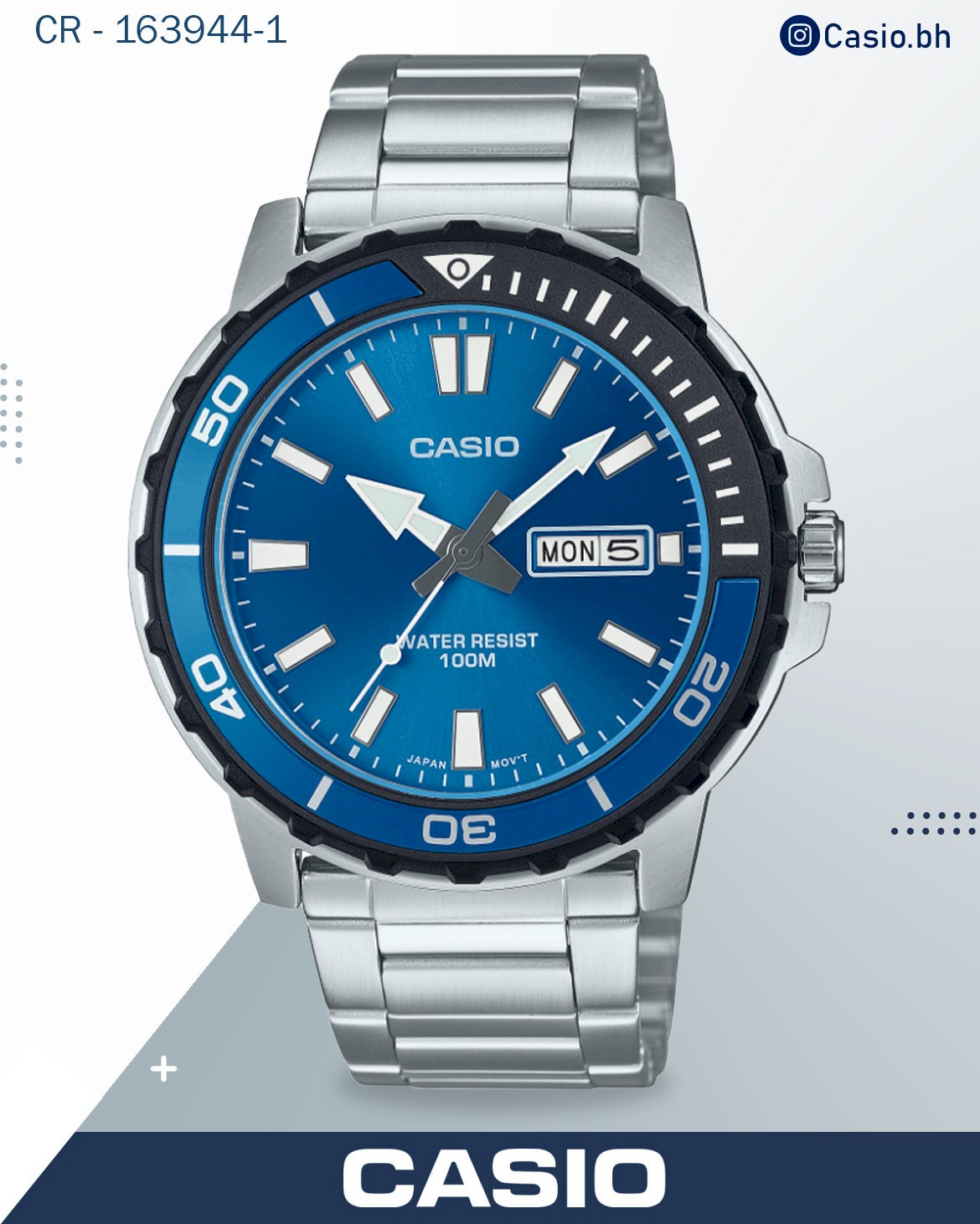 Casio Men's Watch Analog Light Blue Dial with Silver Stainless Steel Band, MTD-125D-2A3VDF