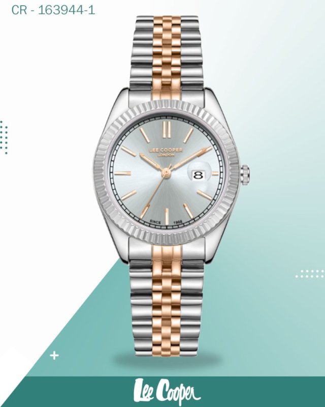 Lee Cooper Women's Watch Light Blue Dial With  Rose Gold And Silver Metal Band lc08210.570
