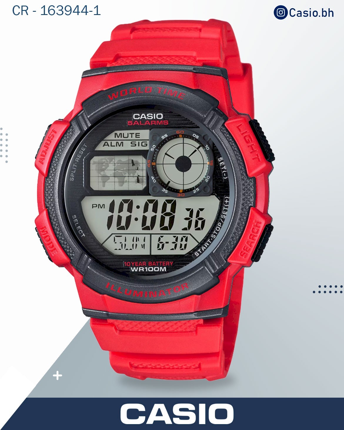 Casio Men's Watch Sport Collection Digital, Black Dial Red Silicone Strap, AE-1000W-4AVDF