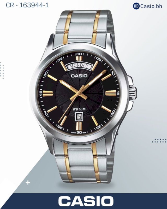 Casio Men's Watch Analog, Black Dial Silver and Gold Stainless Steel Strap, MTP-1381G-1AVDF