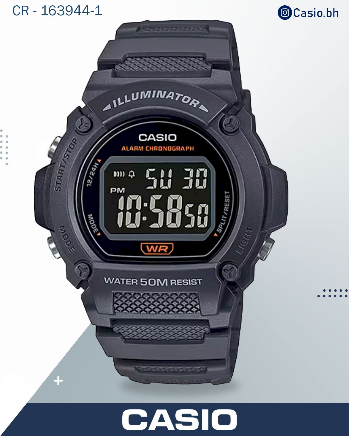 Casio Men's Watch Digital, Black Dial Orange Resin Strap, W-219H-4AVDF