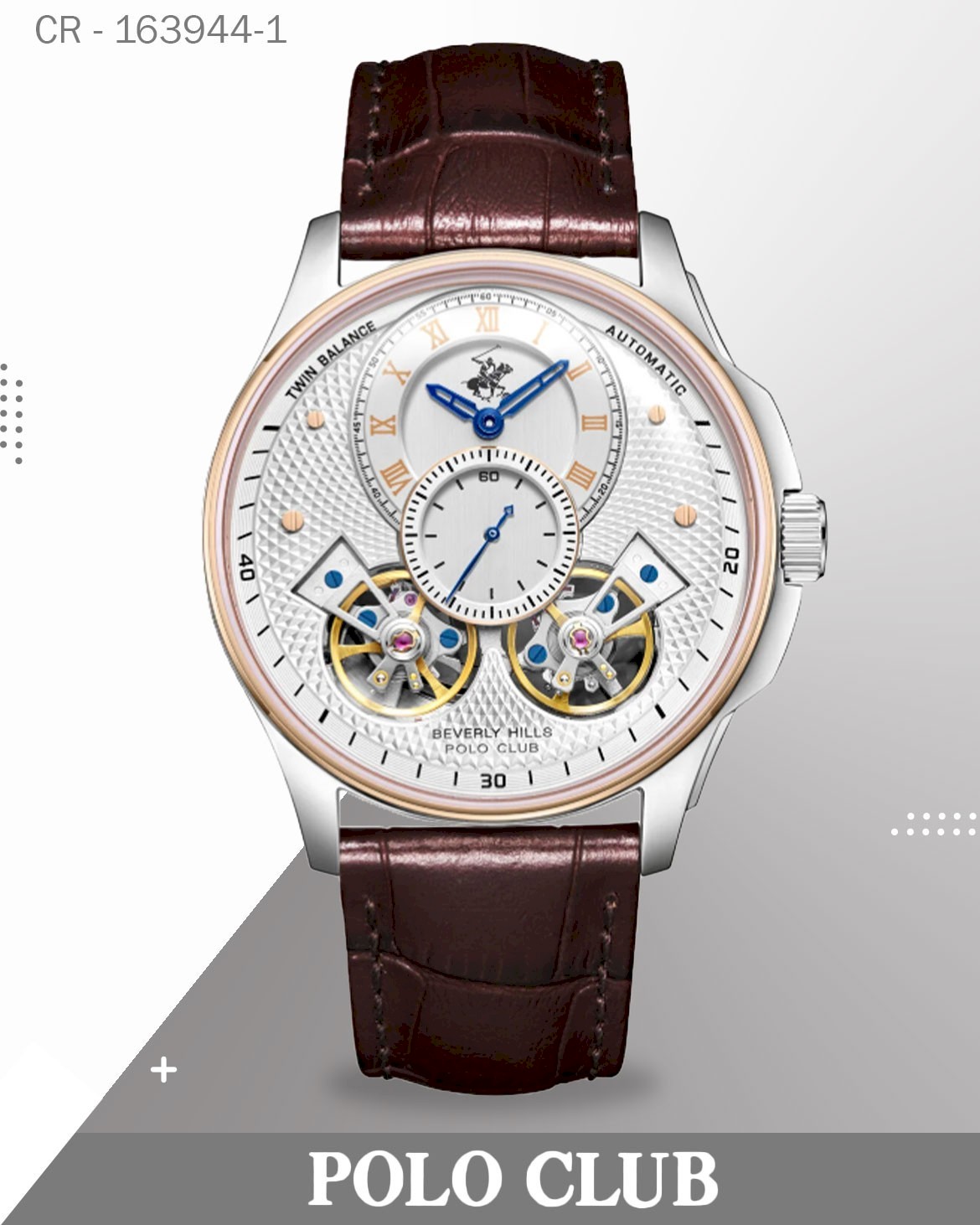 Polo Men's Automatic Watch, Silver Dial Multi-Function With Brown Leather Strap, BP3847X.532