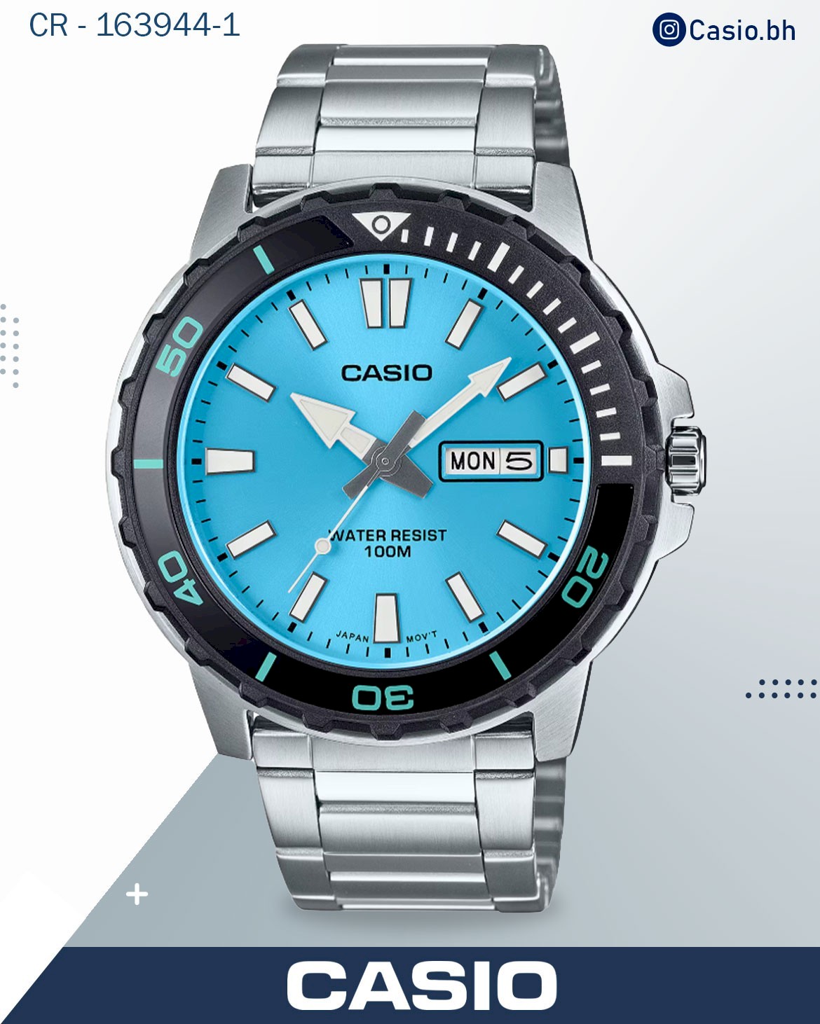Casio Men's Watch Analog Light Blue Dial with Silver Stainless Steel Band, MTD-125D-2A3VDF