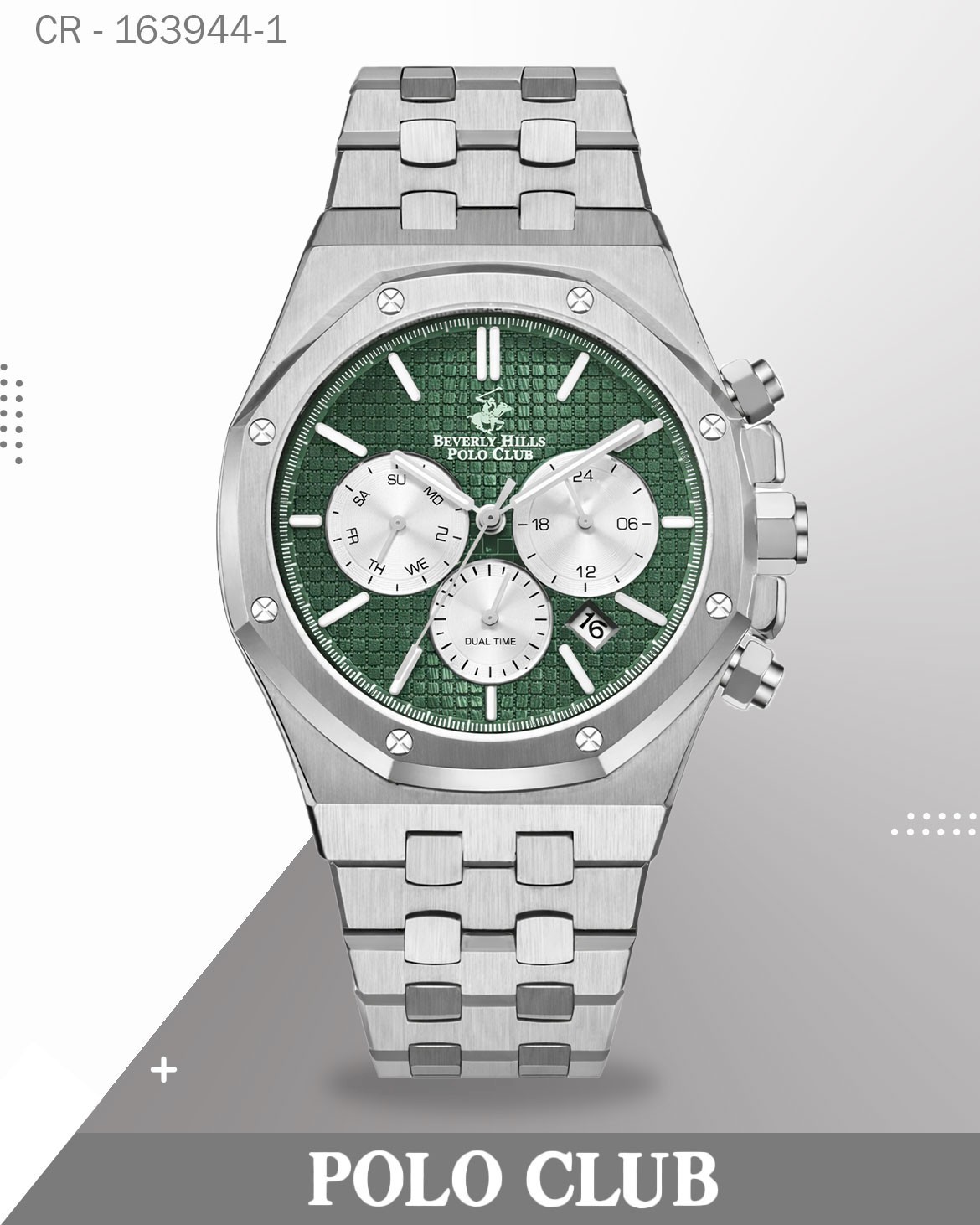 Polo Club Men's Multifunction Watch Green Dial with Silver Stainless Steel Band, BP3051X.371