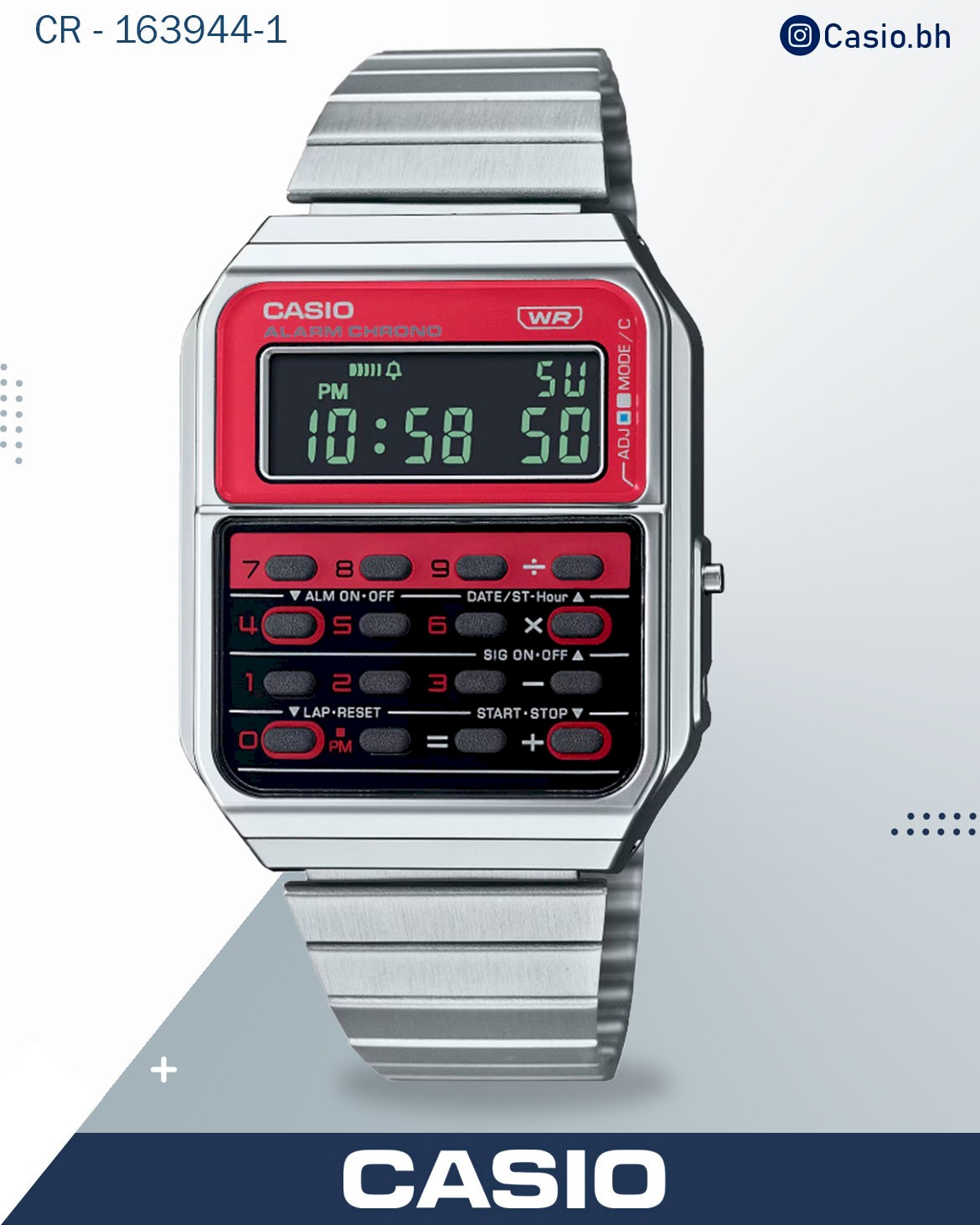 Casio Vintage Unisex Watch Digital Red Dial With Silver Stainless Steel Band, CA-500WE-4BDF