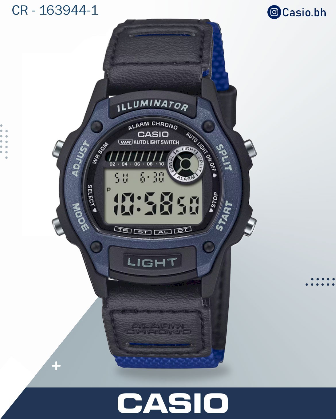 Casio Women's Watch Digital Dial with Blue Leather and Cloth Band, W-220HF-8AVDF