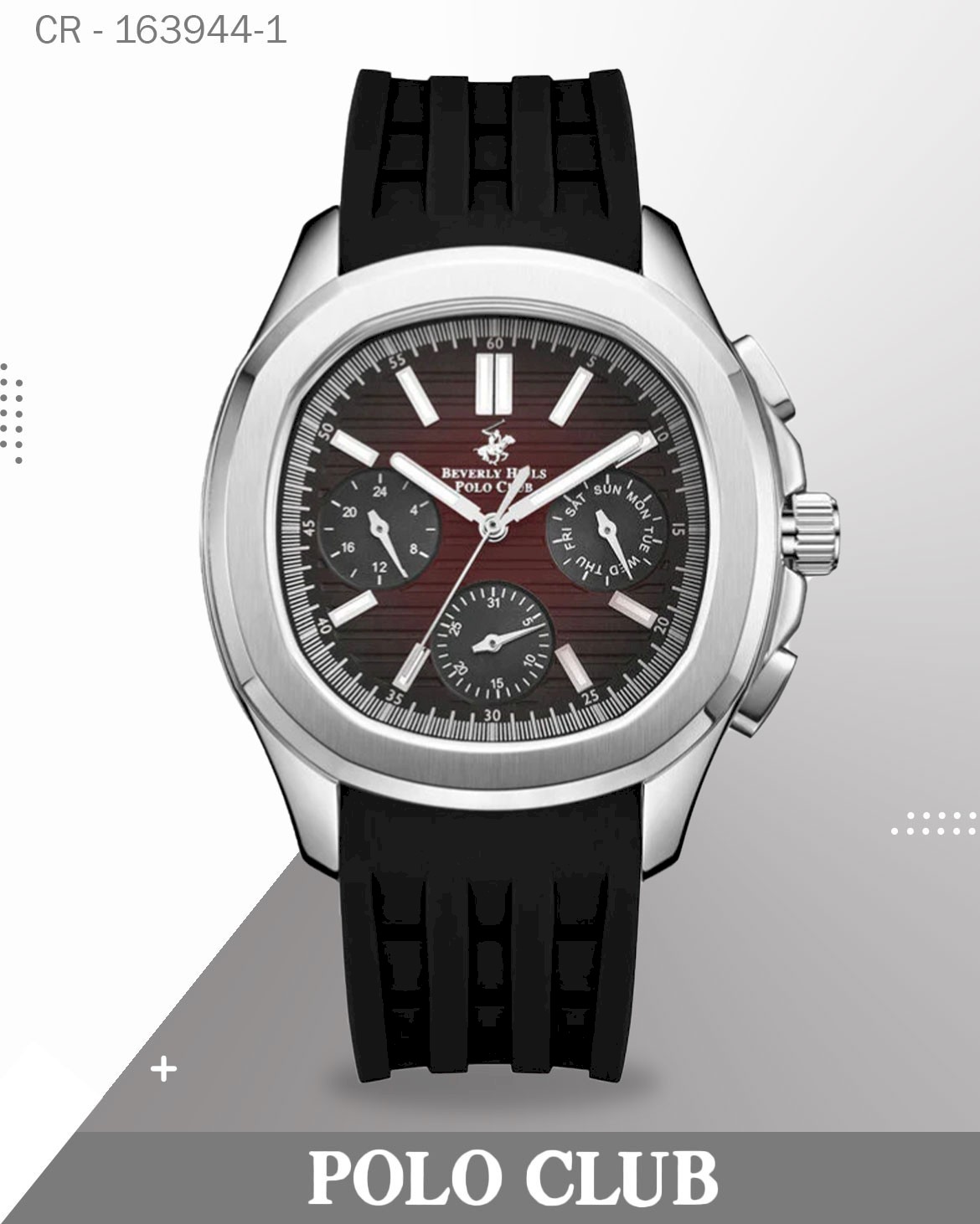 Polo Club Men's Multifunction Analog Watch, Red Dial with Black Silicone Band, BP3211X.381