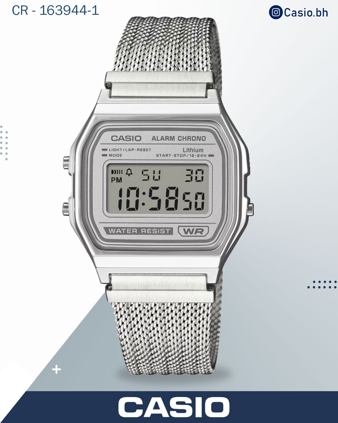 Casio  Watch Vintage Digital, White Dial Silver Stainless Steel Strap, A158WEM-7
