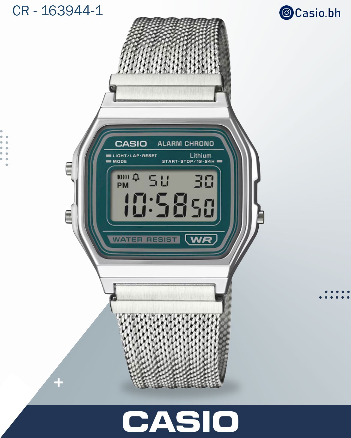 Casio  Watch Vintage Digital, White Dial Silver Stainless Steel Strap, A158WEM-7