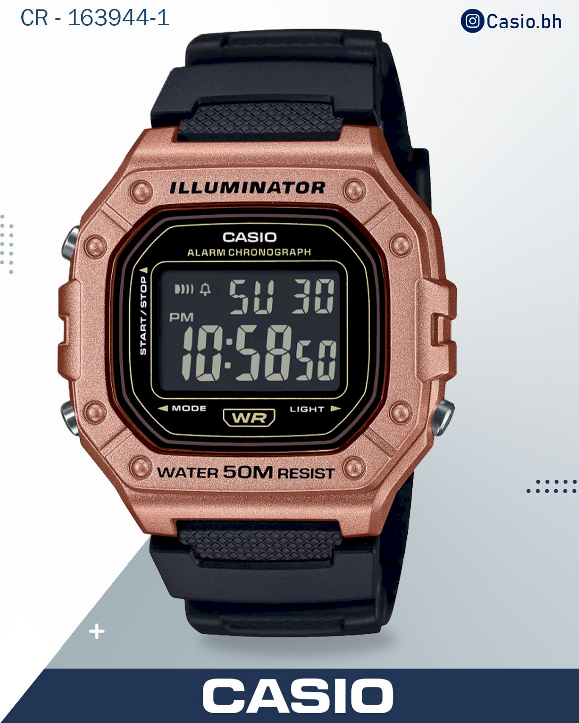 Casio Men's Watch Digital Dial Rose Gold Case with Black Resin Strap, W-218HM-5BVDF