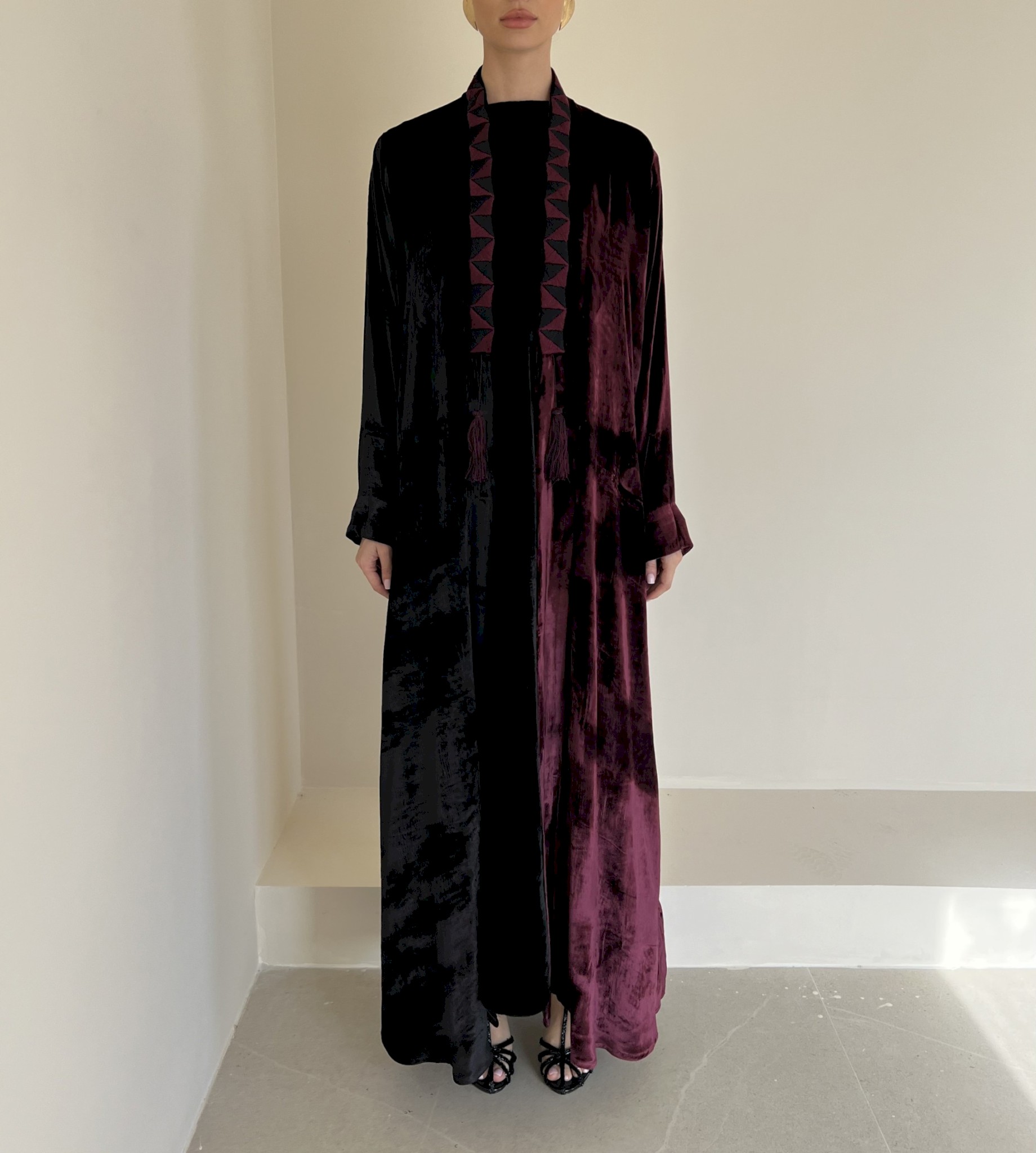 Maroon and black two-tone velvet cloak