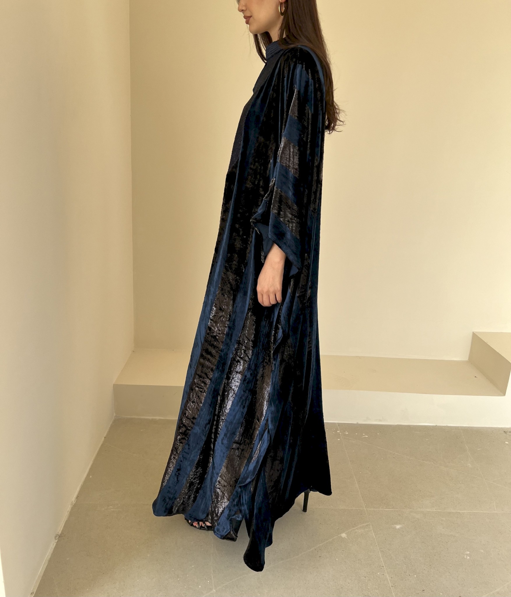 Navy blue striped velvet kaftan