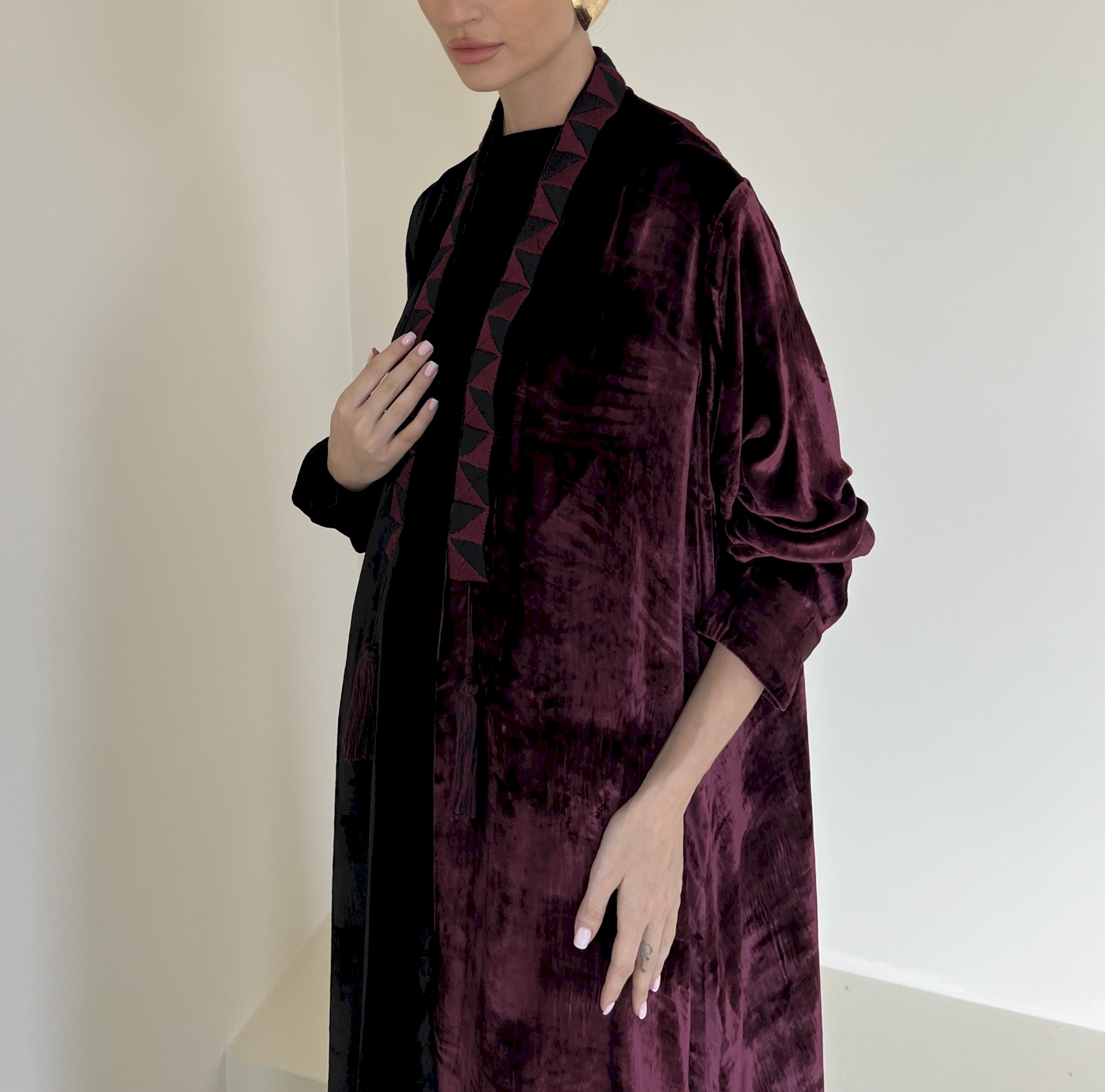 Maroon and black two-tone velvet cloak