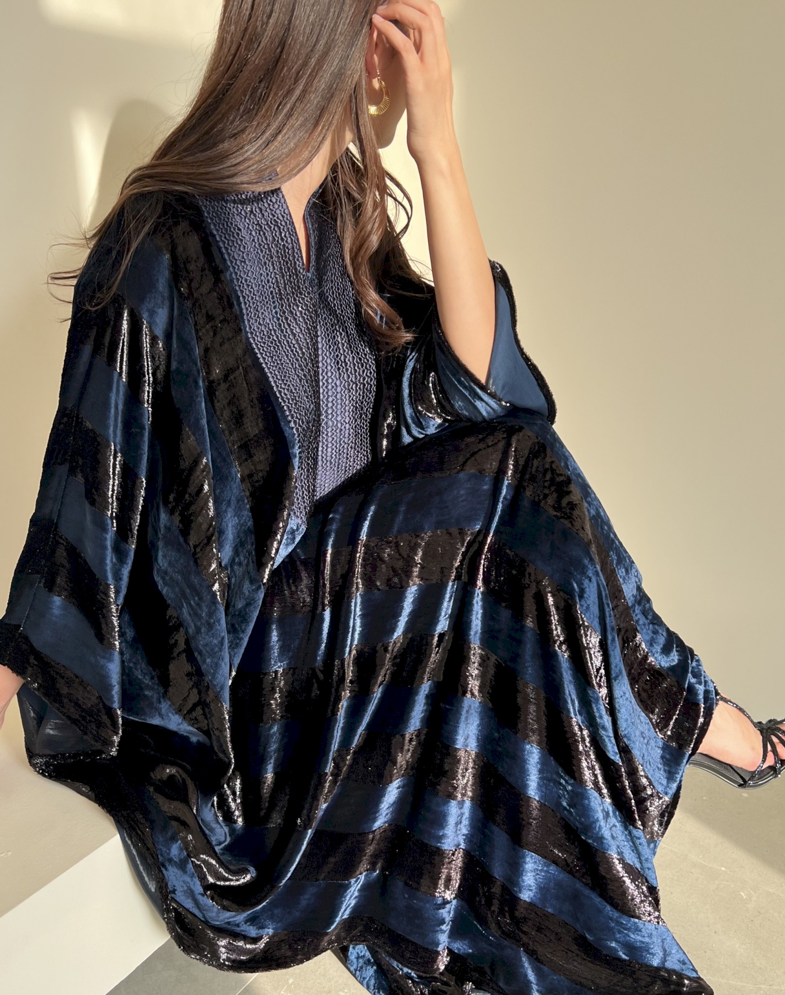 Navy blue striped velvet kaftan
