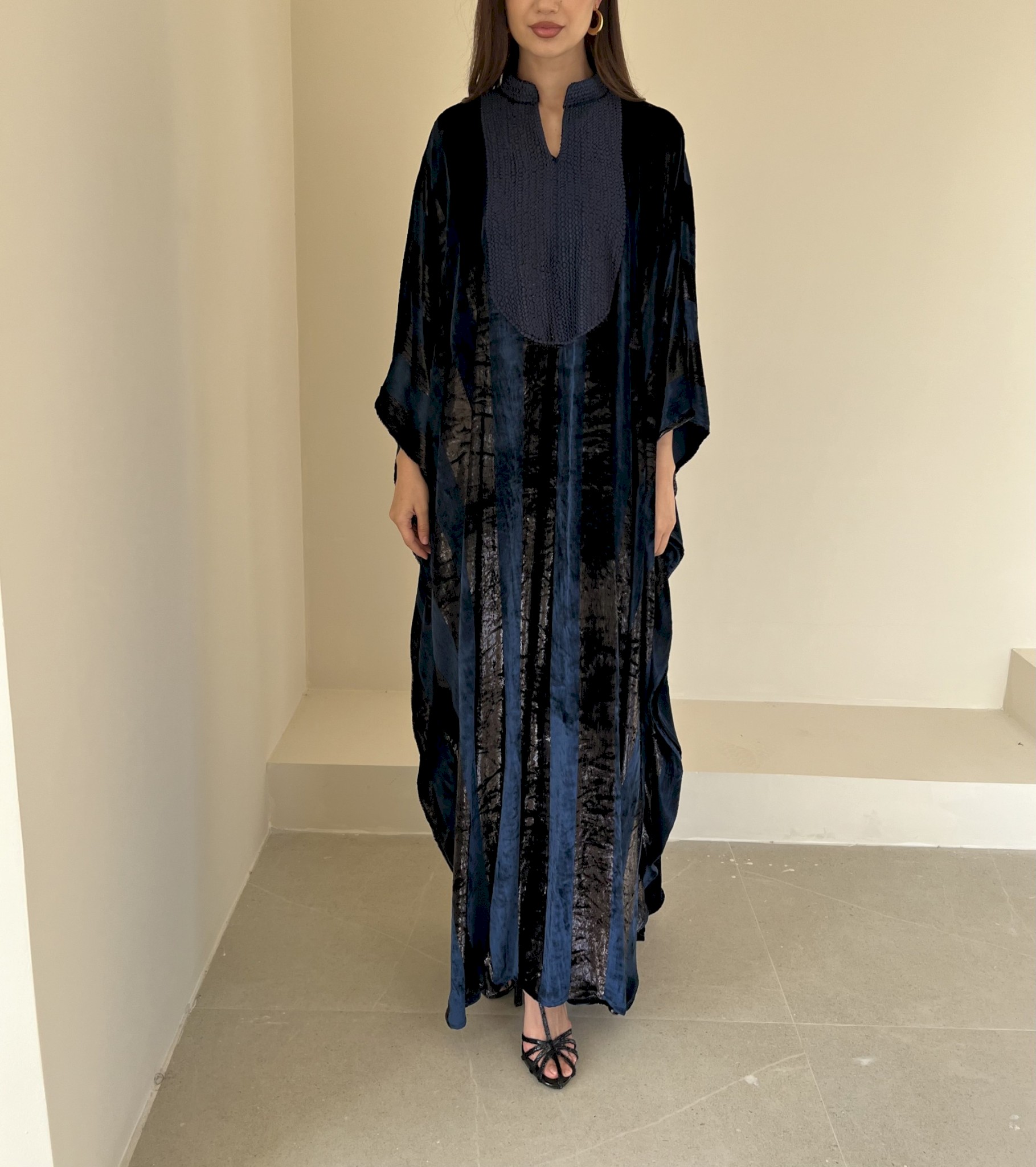 Navy blue striped velvet kaftan