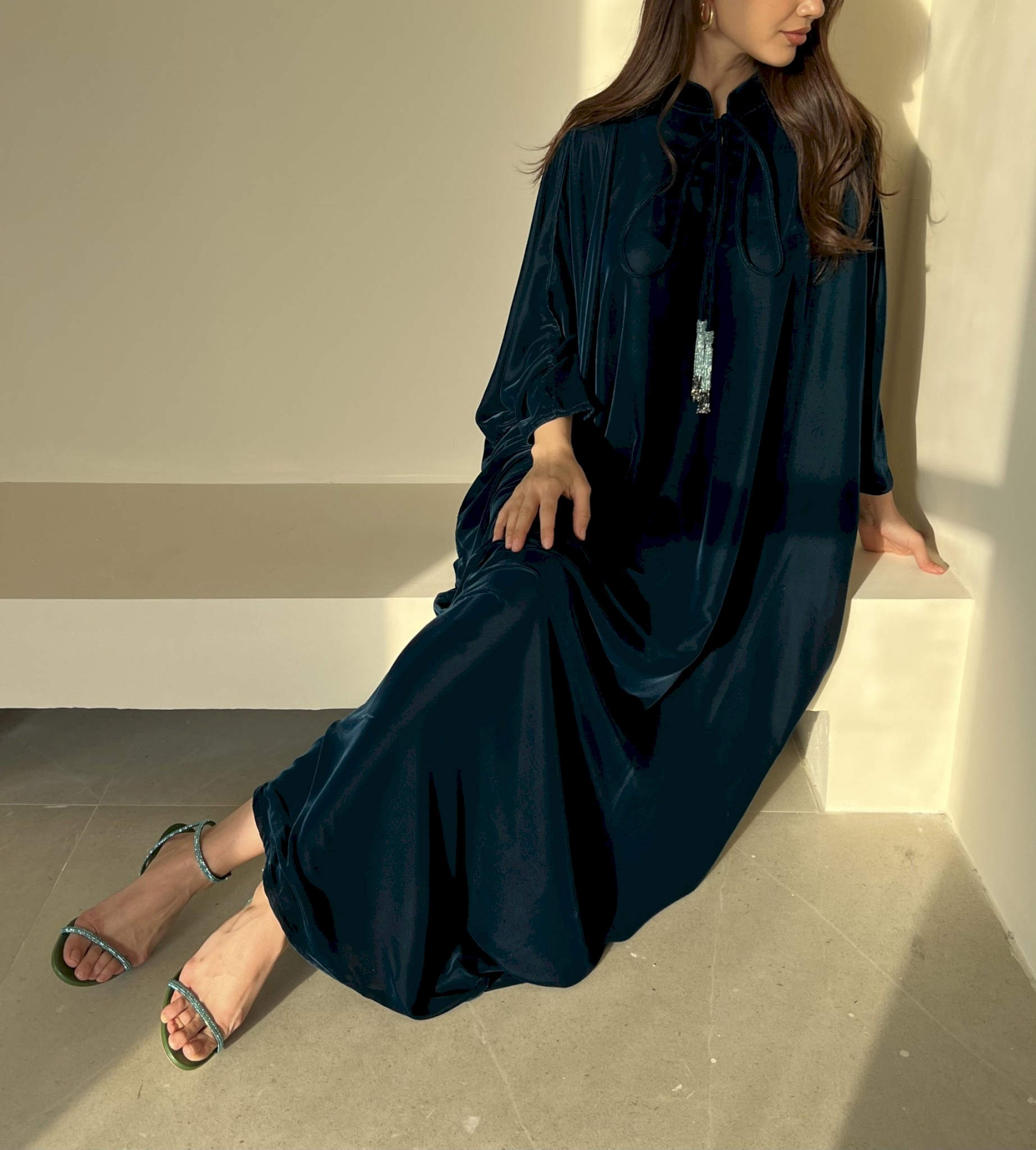 Teal velvet tassel kaftan