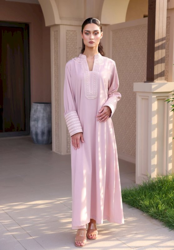 Crepe Jalabiya with Hand Embroidery - Pink