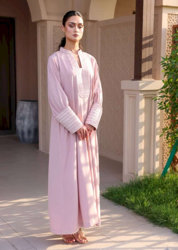 Crepe Jalabiya with Hand Embroidery - Pink