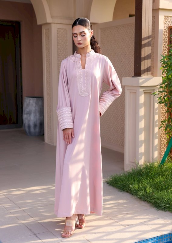 Crepe Jalabiya with Hand Embroidery - Pink