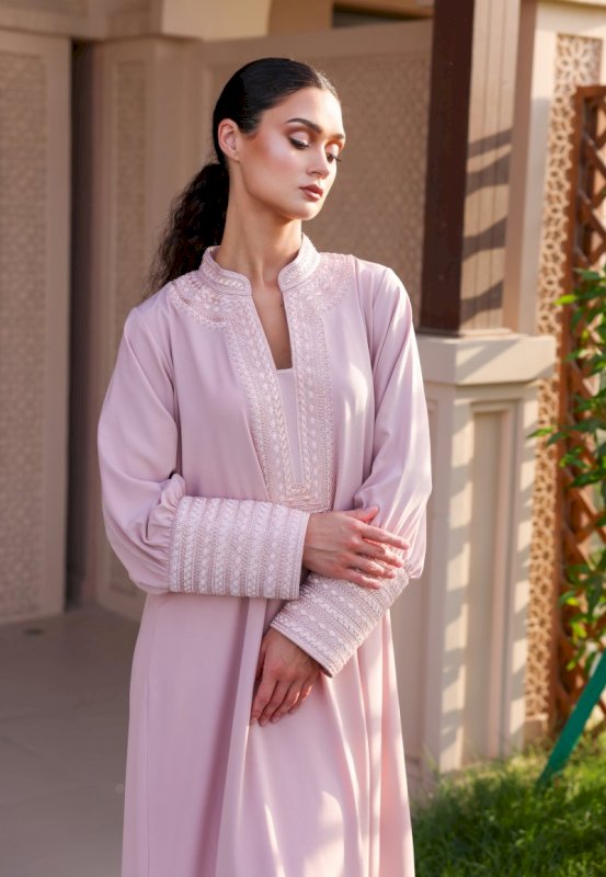Crepe Jalabiya with Hand Embroidery - Pink